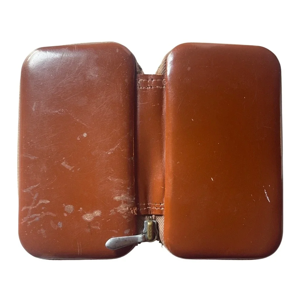 Vintage White House Grooming Kit Made in Germany Brown Leather Zipper Case Set